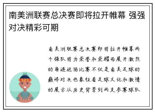 南美洲联赛总决赛即将拉开帷幕 强强对决精彩可期