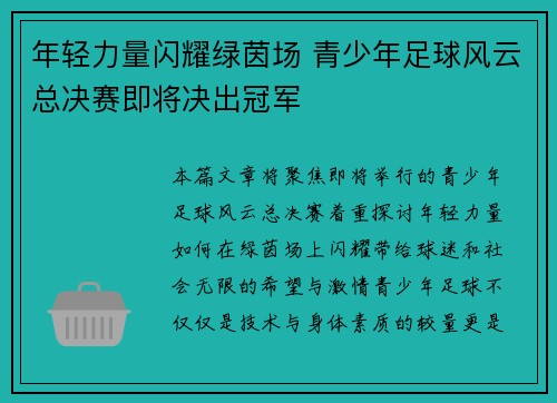 年轻力量闪耀绿茵场 青少年足球风云总决赛即将决出冠军