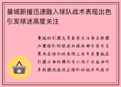 曼城新援迅速融入球队战术表现出色引发球迷高度关注