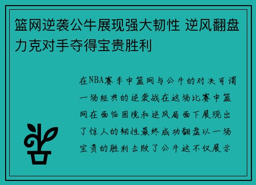 篮网逆袭公牛展现强大韧性 逆风翻盘力克对手夺得宝贵胜利