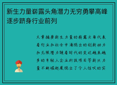 新生力量崭露头角潜力无穷勇攀高峰逐步跻身行业前列