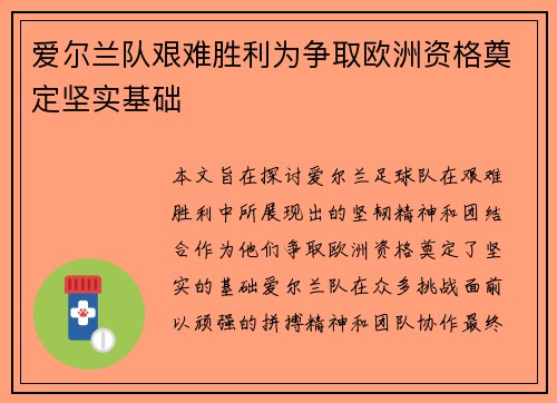 爱尔兰队艰难胜利为争取欧洲资格奠定坚实基础