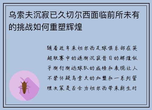 乌索夫沉寂已久切尔西面临前所未有的挑战如何重塑辉煌