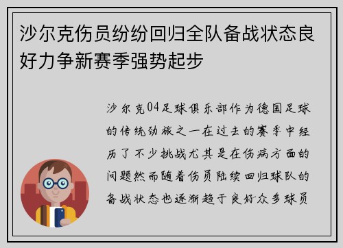 沙尔克伤员纷纷回归全队备战状态良好力争新赛季强势起步