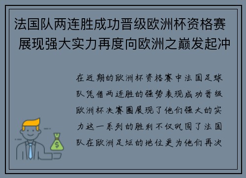 法国队两连胜成功晋级欧洲杯资格赛 展现强大实力再度向欧洲之巅发起冲击